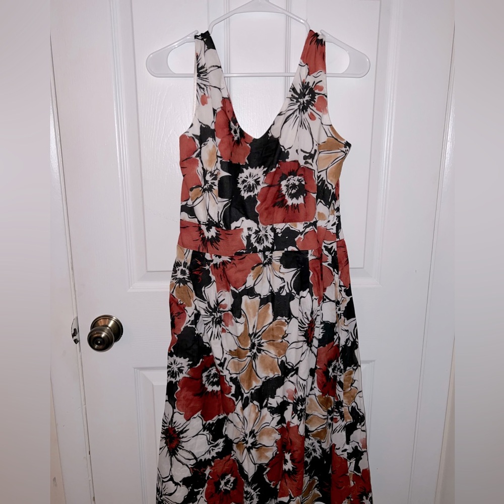 Anne Klein Linen Brown, Pink & Cream Floral Midi- Dress (Women’s size 12)